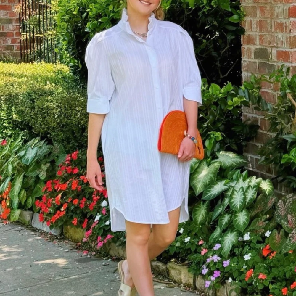 Ruffle Collar Puff Sleeve White Shirt Dress